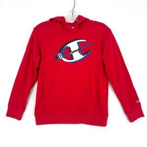 Champion Hoodie Youth Medium (10/12) Red Pullover Sweatshirt Big C Logo Fleece